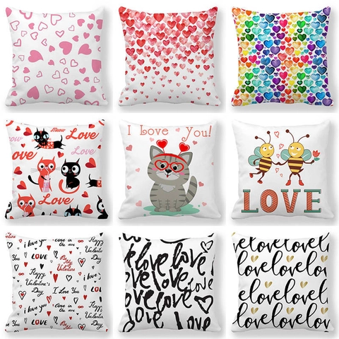 Fodera per Cuscino in Lino per San Valentino Motivo Romantico a Cuore Stampa Animale Cartoon Federa Quadrata Decorativa per Divano Casa Camera da Letto