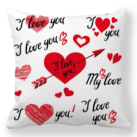 Funda de Almohada de Lino para San Valentín Estampado de Corazón y Eslogan de Amor Funda Cuadrada para Sofá y Dormitorio