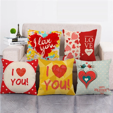Valentine's Day Love Heart Pattern Linen Pillowcase Square Cushion Cover Romantic Decorative Home Decor Soft Throw Case