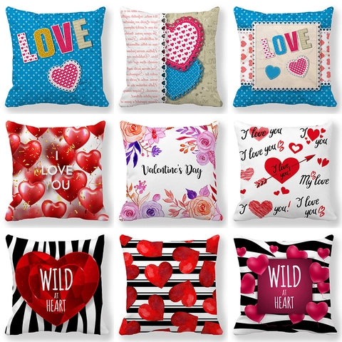 Funda de Almohada de Lino para San Valentín Estampado de Corazón y Eslogan de Amor Funda Cuadrada para Sofá y Dormitorio