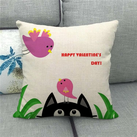 Happy Valentines Day Linen Cushion Covers Cartoon Cat Panda Heart Print Decorative Pillowcases For Sofa Home Decor