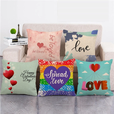 Valentijnsdag Linnen Kussensloop Romantisch Hart Liefdesbrief Print Vierkant Decoratieve Kussenhoes Voor Sofa Home Decor