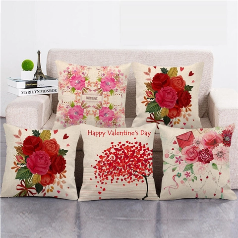 Valentinstag Happy Herz Baum Muster Leinen Kissenbezug Romantische Blume Liebe Brief Kissenhülle Für Zuhause Sofa Wohnzimmer
