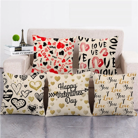 Valentijnsdag Linnen Sierkussenhoes Hart Liefde Patroon Decoratieve Vierkante Kussenhoes Voor Bank Slaapkamer Huis Decor