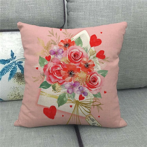 Valentine's Day Linen Throw Pillow Cover Romantic Heart Rose Flower Print Square Cushion Case Home Sofa Decor Gift
