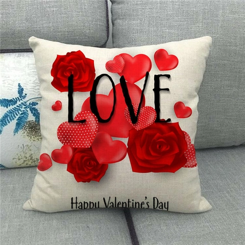Valentine's Day Linen Pillow Cover Heart Rose Pattern Throw Pillowcase Romantic Home Decor Cushion Cover For Living Room Sofa
