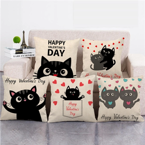 Happy Valentines Day Linen Cushion Covers Cartoon Cat Panda Heart Print Decorative Pillowcases For Sofa Home Decor