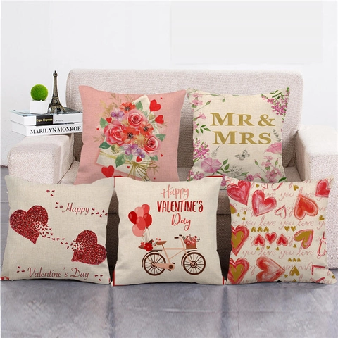 Valentine's Day Linen Throw Pillow Cover Romantic Heart Rose Flower Print Square Cushion Case Home Sofa Decor Gift