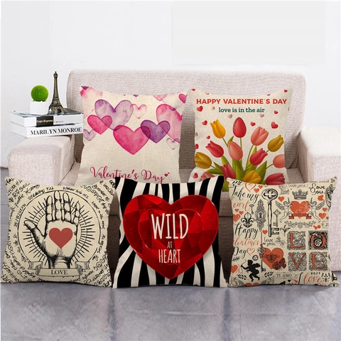 Valentine's Day Linen Pillow Cover Heart Rose Pattern Throw Pillowcase Romantic Home Decor Cushion Cover For Living Room Sofa