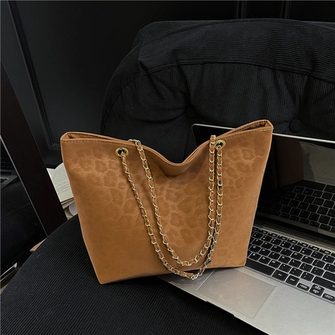 Leopard Print Tote Bag Große Kapazität Lässig Schulter Handtasche Mit Kette Vintage Stil Für Damen