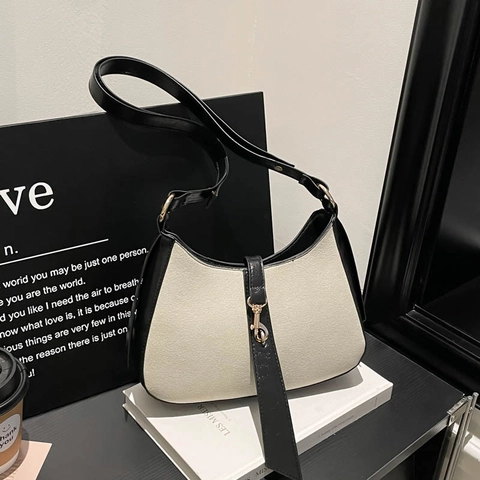 Vintage Crescent Underarm Bag Suede Leather Patchwork Metal Hook Buckle Retro Chic Shoulder Hobo Bag For Women