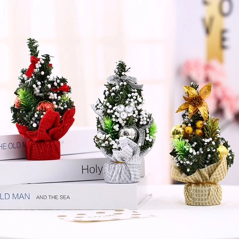 Mini Christmas Tree Desktop Artificial Ornaments With Snow Flocked Balls Bows Plastic PVC Fabric For Holiday Party Decor