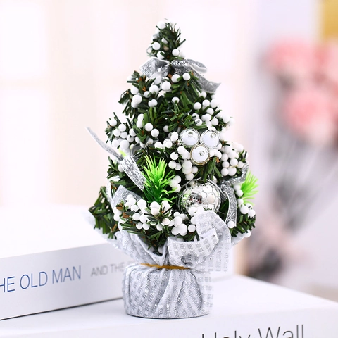 Mini Christmas Tree Desktop Artificial Ornaments With Snow Flocked Balls Bows Plastic PVC Fabric For Holiday Party Decor