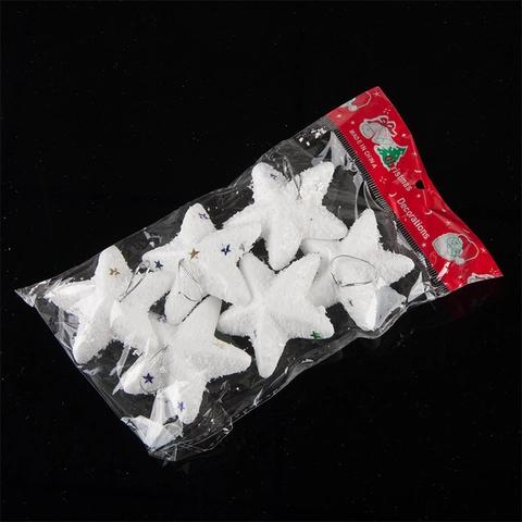 Christmas Tree Star Ornaments White Foam Faux Snow Surface With Colorful Metal Sequins Silver Hanging Rope Festive Decor