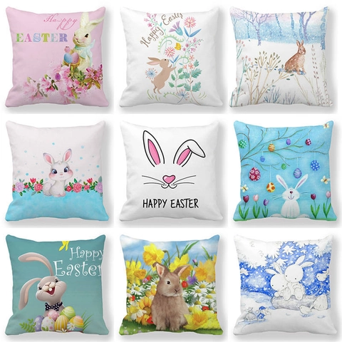 Happy Easter Decorative Throw Pillow Cover Linen Peach Skin Bunny Egg Printed Cushion Case For Home Sofa Living Room Decor