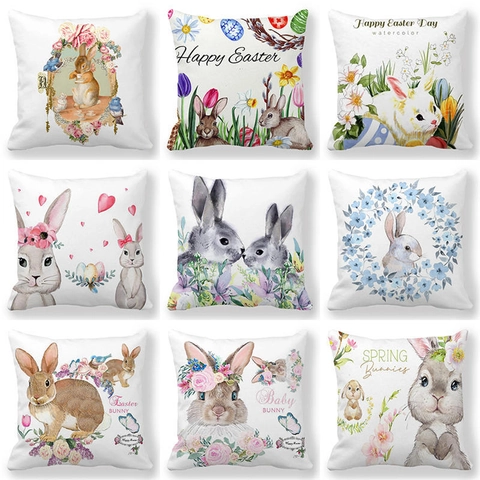 Taie d'Oreiller de Pâques en Lin Lapin à l'Aquarelle Œufs Floral Décoratif Housse de Coussin Pour Canapé Maison Décor Cadeau