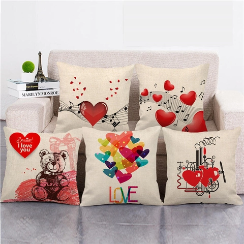 Valentine Day Kissenbezug Leinen Quadratisch Kissenhülle Herz Liebe Druck Romantische Wohndeko Für Sofa Schlafzimmer