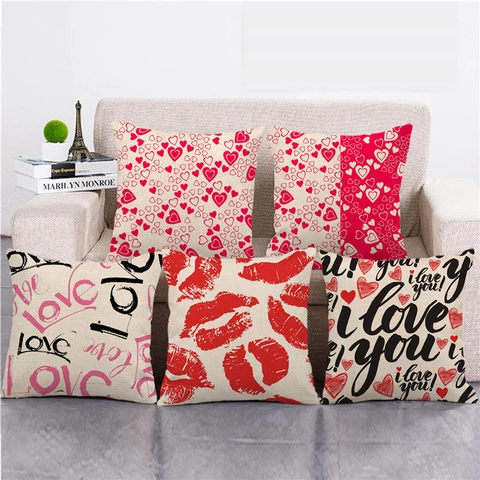 Valentine's Day Linen Throw Pillow Cover Romantic Red Heart Love Print Square Cushion Case For Home Sofa Decor