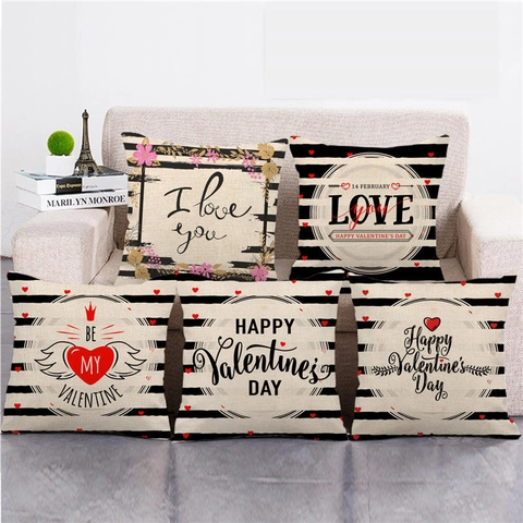 Federa per Cuscino in Lino San Valentino Con Cuori e Strisce Copricuscino Romantico Con Lettere per Divano Soggiorno Casa