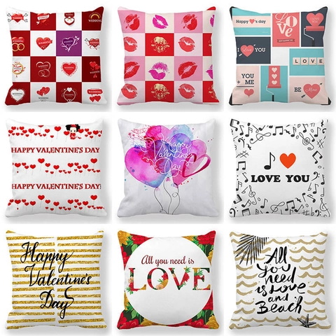 Valentijnsdag Hart Liefde Bloem Bedrukt Vierkant Kussensloop Romantisch Linnen Perzikhuid Sierkussen Hoes Home Sofa Decor Cadeau