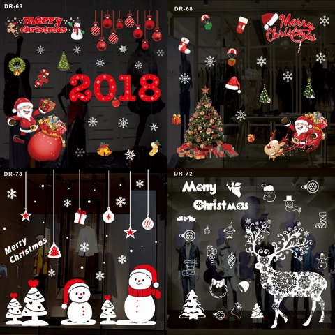 Christmas Window Stickers PVC Static Film Snowflake Santa Claus Reindeer Patterns Glass Door Shop Decoration Festive Holiday