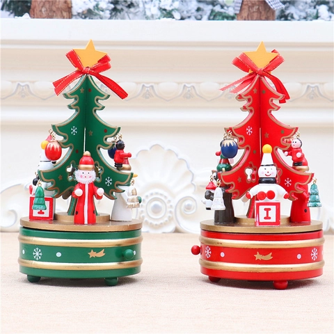 Vintage Holz Rotierende Weihnachtsbaum Spieluhr Mit Weihnachtsmann Schneemann Ornamente Für Festliche Party Zuhause Kinder Geschenk