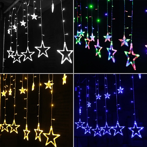 LED Star Curtain String Lights Pentagram Hanging Fairy Lights For Christmas Wedding Party Bedroom Indoor Decorative Lighting