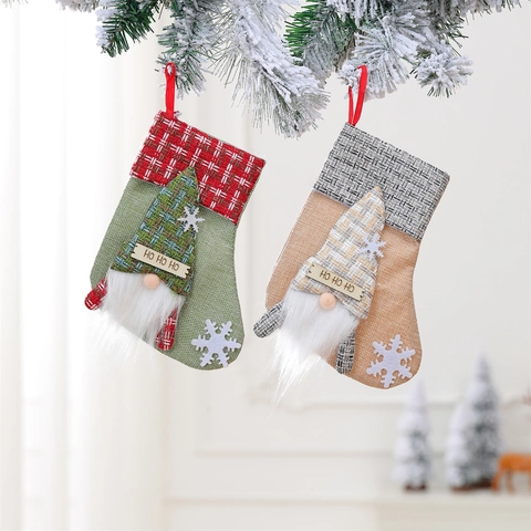 Calza Di Natale Sacchetto Regalo Ornamento 3D Gnomo Vecchio Senza Volto Lino Pelliccia Sintetica Etichetta Legno Fiocco Neve