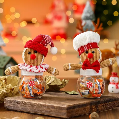 Christmas Candy Jar Gingerbread Man Plush Lid Clear Plastic Storage Bottle Holiday Party Gifts Cute Cartoon Decoration