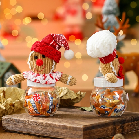 Christmas Candy Jar Gingerbread Man Plush Lid Clear Plastic Storage Bottle Holiday Party Gifts Cute Cartoon Decoration