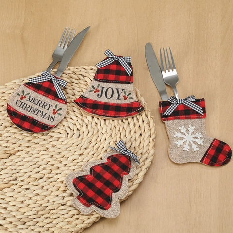 Rustic Burlap Christmas Cutlery Holder Plaid Silverware Pocket Bow Tie Printing For Table Setting Holiday Party Decoration
