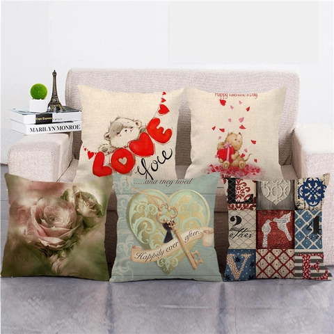 Happy Valentine's Day Linen Pillowcase Square Decorative Cushion Cover Heart Rose Cartoon Pattern For Home Sofa Bedroom Decor