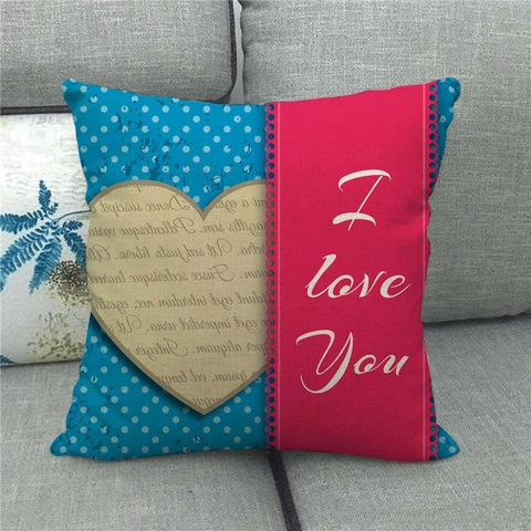 Funda de Almohada de Lino Día de San Valentín Decorativa Corazón Flores Impresa Funda de Cojín Sofá Cama Hogar Cuadrada