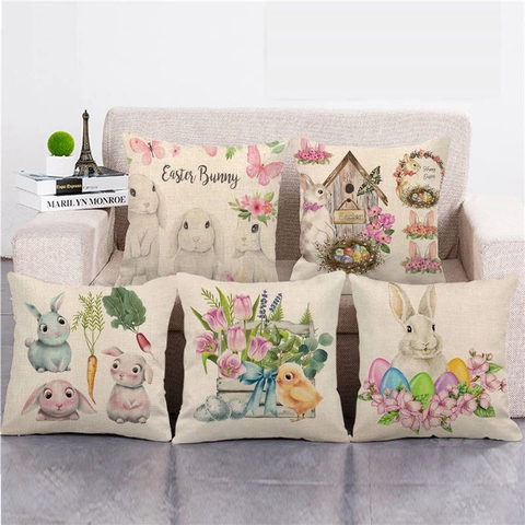Ostern Hase Happy Easter Leinen Kissenbezug Dekorativer Kissenhülle Für Zuhause Wohnzimmer Sofa Osterei Kaninchen Geschenk