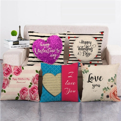 Funda de Almohada de Lino Día de San Valentín Decorativa Corazón Flores Impresa Funda de Cojín Sofá Cama Hogar Cuadrada