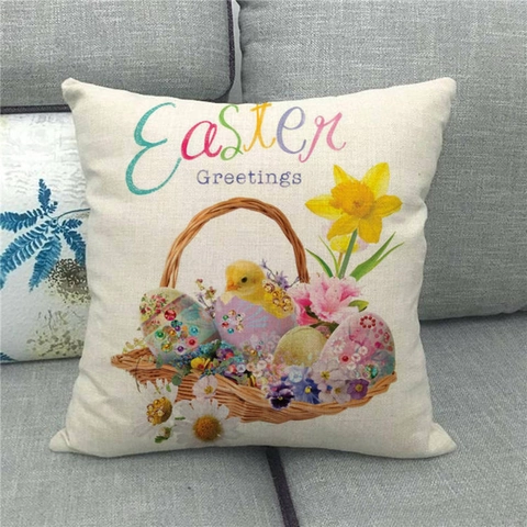 Feliz Pascua Funda De Almohada Decorativa Lino Funda De Cojín Conejo Huevos Coloridos Primavera Floral Para Sofá