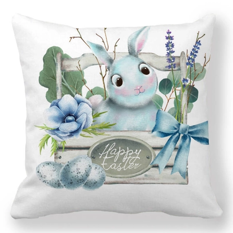 Federa per Cuscino in Lino a Fiori con Coniglietto di Pasqua in Acquerello Decorazione per Divano di Casa e Soggiorno