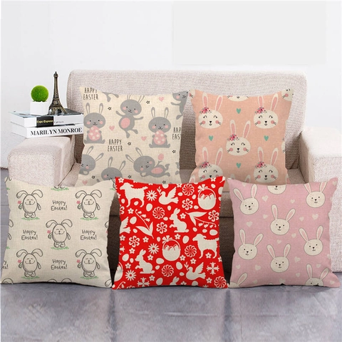 Frohe Ostern Leinen Kissenbezug Cartoon Hase Bunte Eier Bedruckt Dekorativer Kissenhülle Für Wohnzimmer Sofa Haus Dekoration