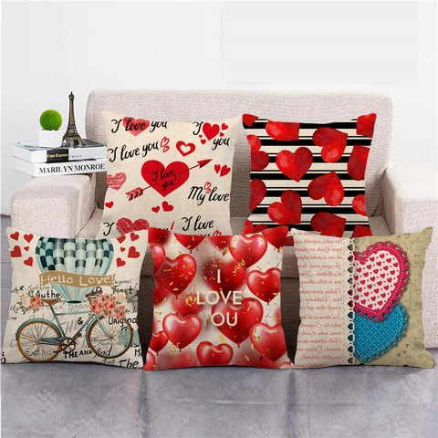 Fijne Valentijnsdag Linnen Kussensloop Romantisch Hart Liefde Patroon Decoratieve Kussenhoes Voor Woonkamer Sofa Decor