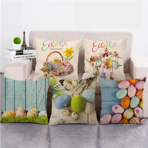 Feliz Pascua Funda De Almohada Decorativa Lino Funda De Cojín Conejo Huevos Coloridos Primavera Floral Para Sofá