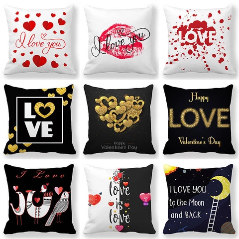 Happy Valentine's Day Decorative Linen Pillowcase Square Heart Love Print Cushion Cover For Living Room Bedroom Home Decor