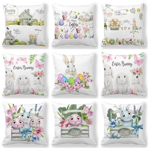 Federa per Cuscino in Lino a Fiori con Coniglietto di Pasqua in Acquerello Decorazione per Divano di Casa e Soggiorno