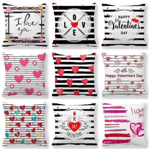 Fodera per Cuscino in Lino con Cuore Rosso di San Valentino a Strisce Bianche e Nere Motivo Love Quadrato Decorativo