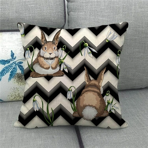 Funda de Almohada de Lino de Conejo de Pascua Patrón de Conejo de Felices Pascuas Funda de Cojín Cuadrada Decorativa