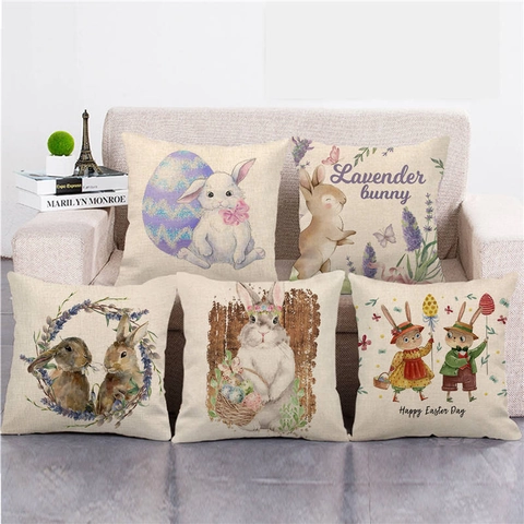 Frohe Ostern Leinen Kissenbezug Hase Ei Muster Deko Kissenhülle Für Sofa Wohnzimmer Heimdekoration
