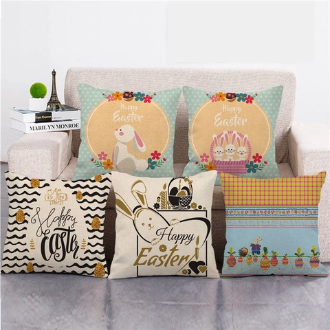 Easter Rabbit Colorful Eggs Linen Pillow Case Happy Easter Decorative Cushion Cover For Home Living Room Sofa Decor