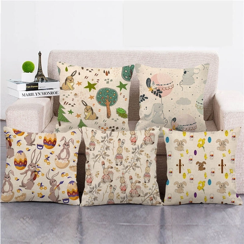 Funda de Cojín de Lino de Feliz Pascua Decorativa Estampado de Conejo y Huevo Funda de Almohada Cuadrada para Sofá