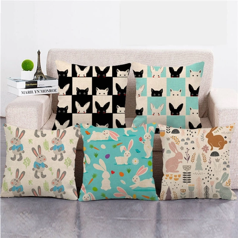 Easter Happy Eggs Rabbit Linen Throw Pillow Cover Cartoon Bunny Gnomes Decorative Cushion Case For Sofa Couch Home Decor