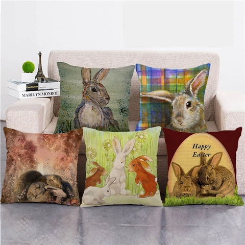 Federa per Cuscino in Lino con Motivo a Coniglietto di Buona Pasqua Fodera per Cuscino Decorativa per Divano di Casa