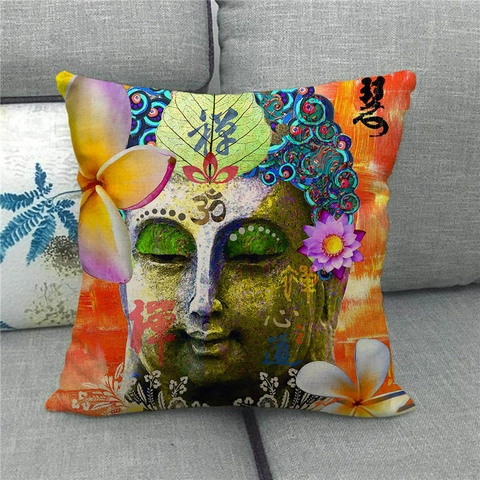 Fodera Per Cuscino In Lino Statua Di Buddha Zen Stampa Loto Retro Quadrata Decorativa Per Divano Casa